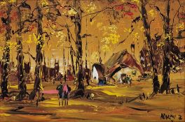 George Deakins (British, 1911-1981) Oil on board Village scene with figures, signed and dated '76