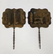Pair of 19th-century lacquered papier-mache hand screens, the shaped banners hand-painted with