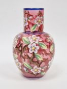 Bohemian pink tinted and enamelled oviform bottle vase, circa 1900, enamelled with flowering and