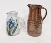 Colin Kellam (1942-2020) stoneware cylindrical jug, painted with blue iris and green leaves,