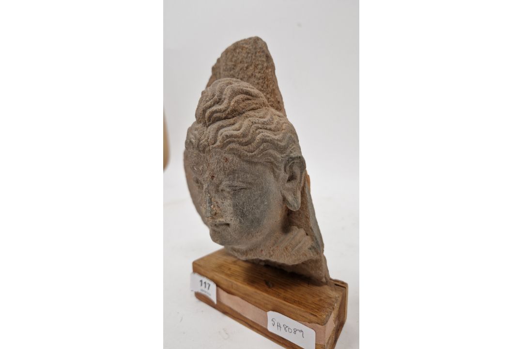 Carved stone Bodhisattva head fragment, possibly Gandhara region & 4th Century, the hair with - Image 11 of 11
