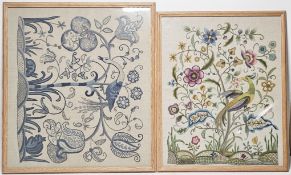 Two mid-20th-century crewelwork embroideries, one with blue hues depicting a tree, a bird, a