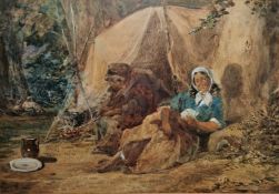 19th century watercolour depicting travellers camping in woodland, initialled JMW? lower right,