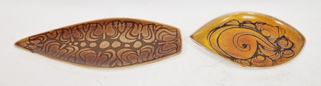 Two Poole Pottery Aegean dishes, mid-century, printed factory marks, comprising: a spear-shaped dish