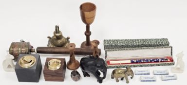 Pair of Chinese jade chopstick rests, 4cm long, Tibetan prayer wheel, Chinese snuff bottle,