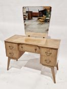 V Mid-century teak dressing table, the single bevelled-edged mirror over an arrangement of five