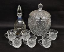 Waterford hobnail cut punch pot and cover together with six laurel cut cups, acid-etched marks and a