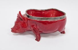 Royal Doulton flambe silver-mounted pig-shaped bowl, printed black factory marks, hallmarked London,