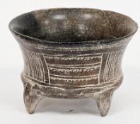 Antique red earthenware flared cylindrical footed pot, raised on four tapering legs, incised with