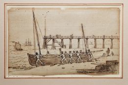 Henry Moses (1782-1870) Sepia wash and pen 'Pier at Deal', coastal scene depicting sailors launching
