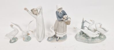 Group of Lladro figures and models of geese, printed blue factory marks, incised marks,