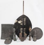 Collection of African tribal items, comprising three wooden carved ancestor figures including Yoruba
