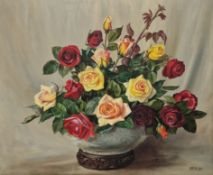 V M. A. Stone (20th century) Oil on canvas Still life of roses in a vase, signed lower right, 51cm x