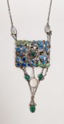 Continental white metal, moonstone and green stone set necklace, the pierced floral enamelled