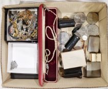 Mixed lot of costume jewellery and collectable items including silver chain with glass pendant,