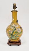 Chinese mustard yellow-ground bottle-shaped vase adapted as a lamp base, 19th century, decorated