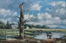 John Trickett (b.1953) Oil on canvas Cattle watering with barn and church in background, signed