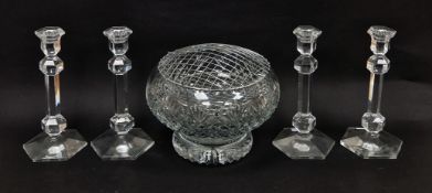 Set of four Val St Lambert faceted baluster glass candlesticks with flared nozzles, knopped stems,