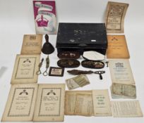 19th-century japanned tin containing military and other collectables, including a piece of