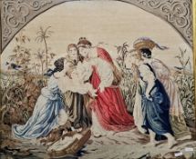 19th-century woolwork tapestry depicting the biblical scene of Moses in the bulrushes, 55cm x