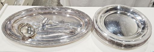 Set of 12 St Medard French silver plated table platters, each circular with foliate border, 30cm