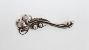 Georg Jensen sterling silver scroll and foliate brooch, 7.5cm long