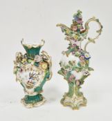 Minton flower-encrusted rocaille moulded ewer and stopper and an English porcelain vase similar,