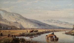 Late 19th/early 20th century watercolour depicting a river landscape with figures on boat being