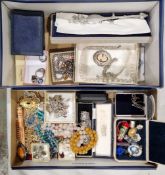 Mixed lot of costume jewellery including silver charm bracelet with some silver charms, silver cameo