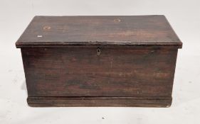 19th-century stained pine blanket box, with twin iron drop loop handles, on a plinth base, 46cm high