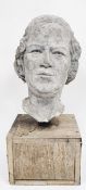 Composite stone and plaster bust of a woman, mounted on a square wooden plinth, 59cm high