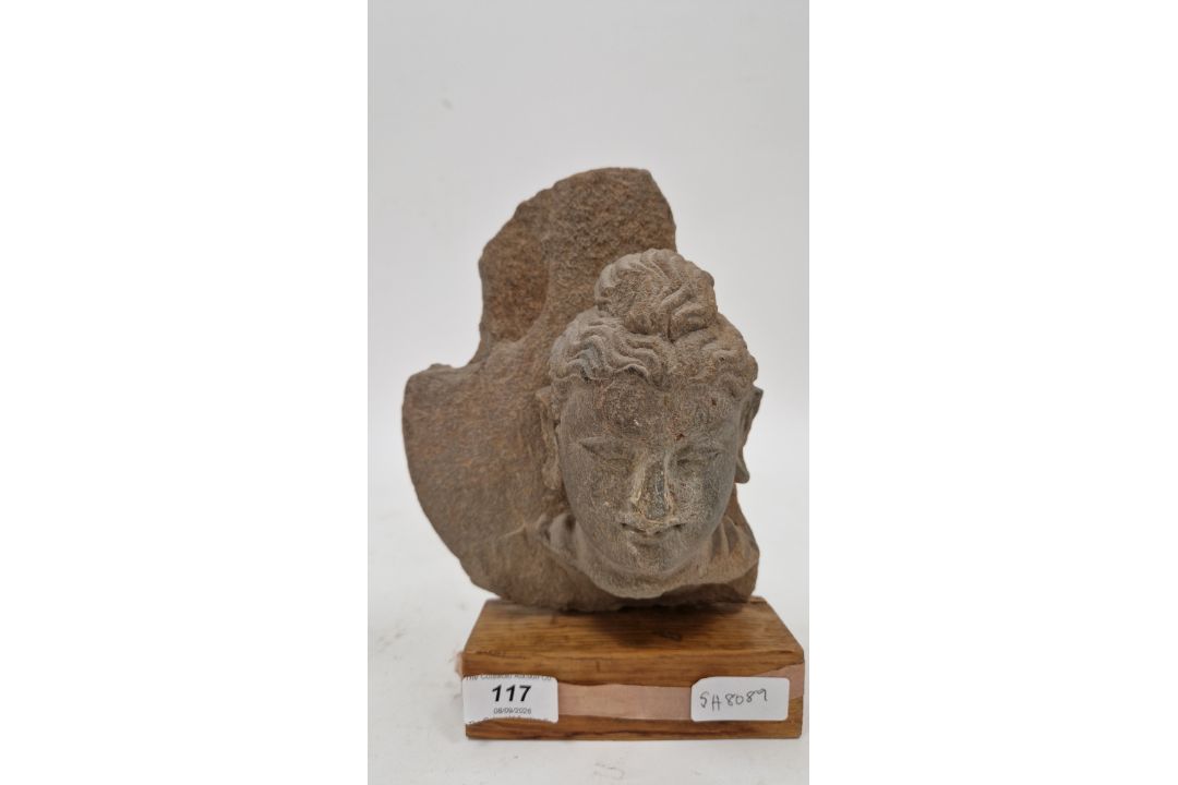 Carved stone Bodhisattva head fragment, possibly Gandhara region & 4th Century, the hair with - Image 9 of 11