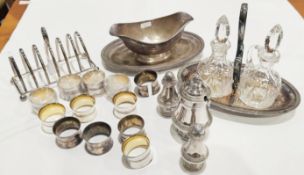 St Medard silver plated and cut glass oil and vinegar stand, the oil and vinegar ewers with