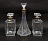 Pair of square-section silver-collared glass spirit decanters and stoppers, with sterling 925 marks,