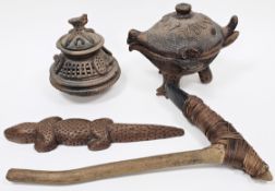 Collection of ethnic items, including two terracotta cooking pots, one in the form of a bird, 21cm