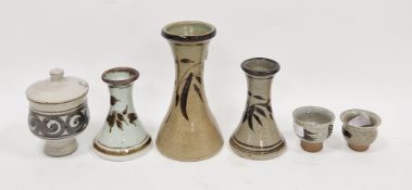 Jeremy Leach (b.1941) for Lowerdown pottery, three vases of narrow waisted form, with brushwork leaf