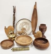 Mixed lot of wooden and metal items, including brass coffee grinder, Indian brass holy water pot,