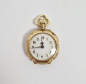 Continental 18ct yellow gold lady's fob watch, the enamel dial with arabic numeral hour markers, the