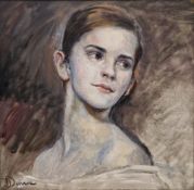 J Dunn (20th century) Oil on board Head and shoulders portrait of Emma Watson, signed lower left,