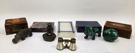 Mixed lot of stone and wooden items, including an onyx and lapis lazuli box, 18cm wide, lapis lazuli