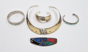 White metal torque necklace inlaid with faux snakeskin, with matching bangle, both stamped 925,