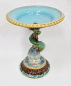 Minton majolica dolphin comport, impressed date code for 1872, impressed Minton, shape no. 494,