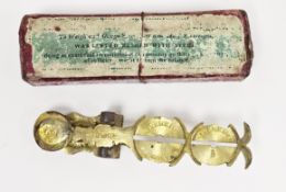 Boxed set of 19th century brass ' rocker ' sovereign scales stamped Simmons and Sovereign Warranted,
