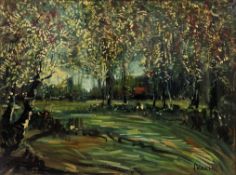 George Deakins (British, 1911-1981) Oil on board Woodland clearing with church in distance, signed