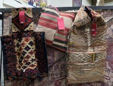 Kilim green ground bag with geometric pattern, together with a midnight blue ground bag with