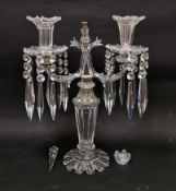 French cut glass twin light candelabrum, in the Baccarat-style, with faceted spire-shaped drops