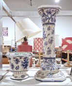 Italian Capodimonte blue and white jardinière on stand, 94cm high Surface marks and accretions. Chip