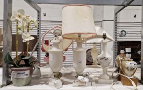 Pair of white alabaster table lamps in the form of classical urns, 25cm high, together with a pair