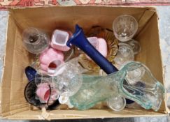 Collection of coloured and clear glass, including pink and white glass swirl vases, various other