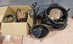 Mixed lot of metalware, including a wrought iron four-piece companion set, a brass coal scuttle,